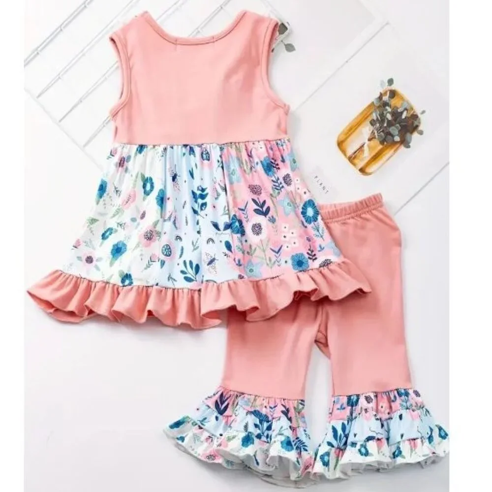 Boutique Floral Tunic Dress & Ruffle Shorts Girls Outfit Set
